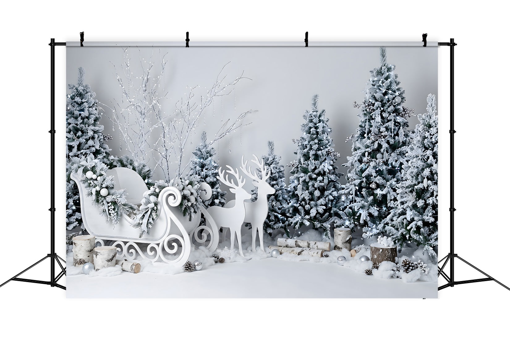 Christmas Winter Backdrop Crystal White Sleigh Reindeer Forest Christmas Backdrops CEM65-189