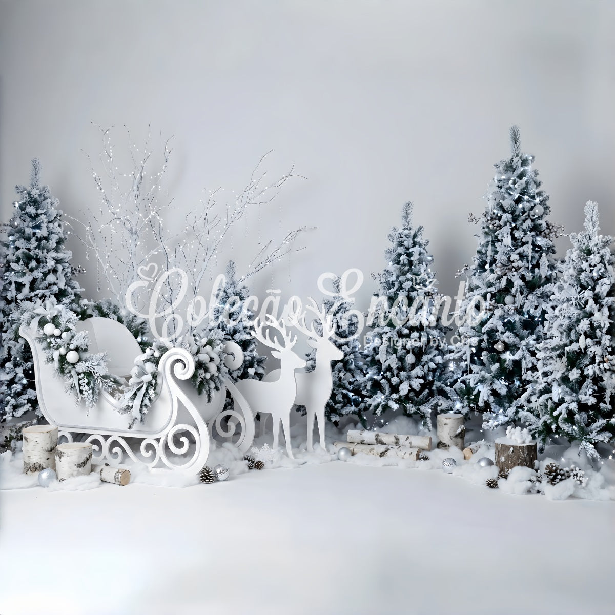 Christmas Winter Backdrop Crystal White Sleigh Reindeer Forest Christmas Backdrops CEM65-189