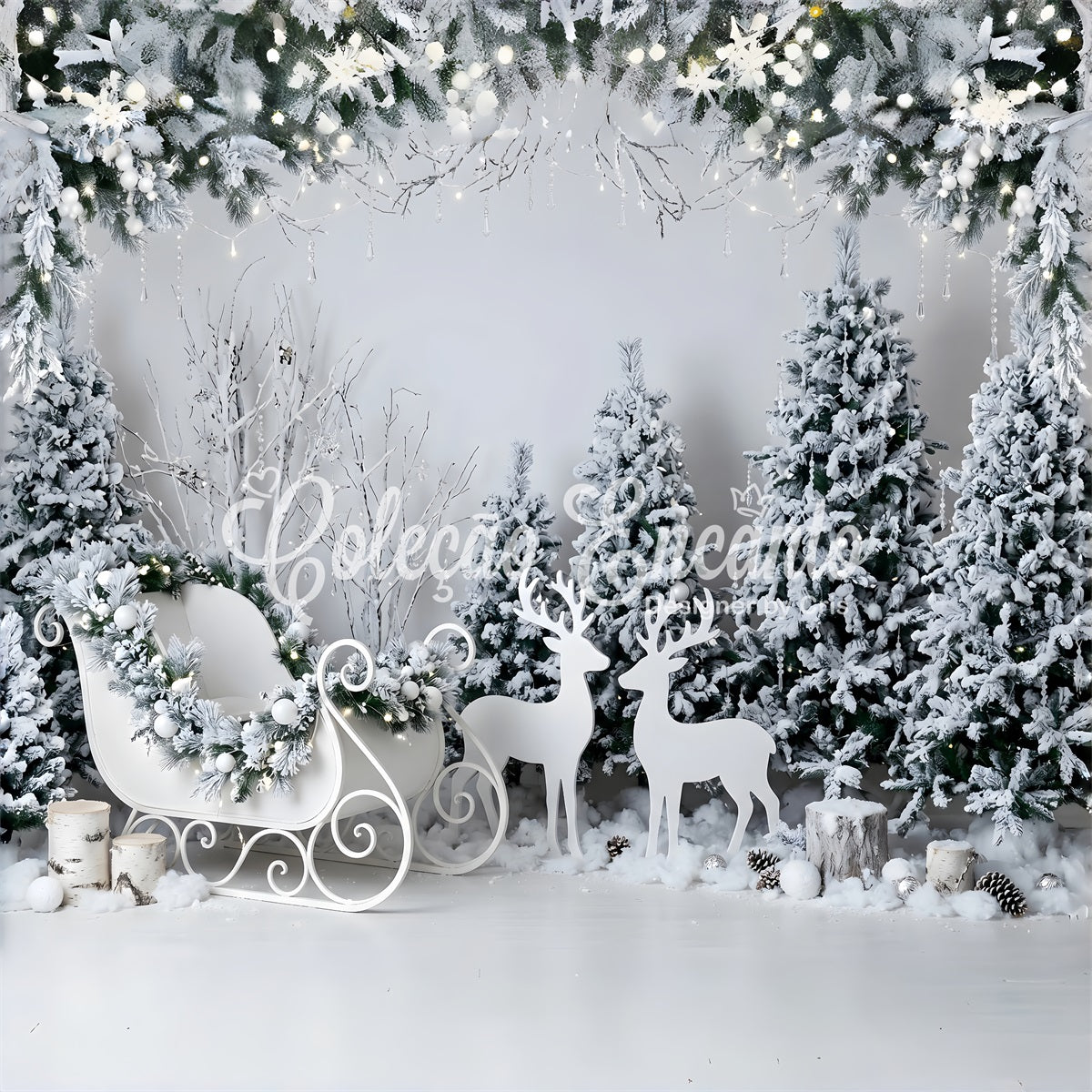 White Christmas Backdrop Frosted White Sleigh Reindeer Woodland Christmas Photo Backdrop CEM65-190
