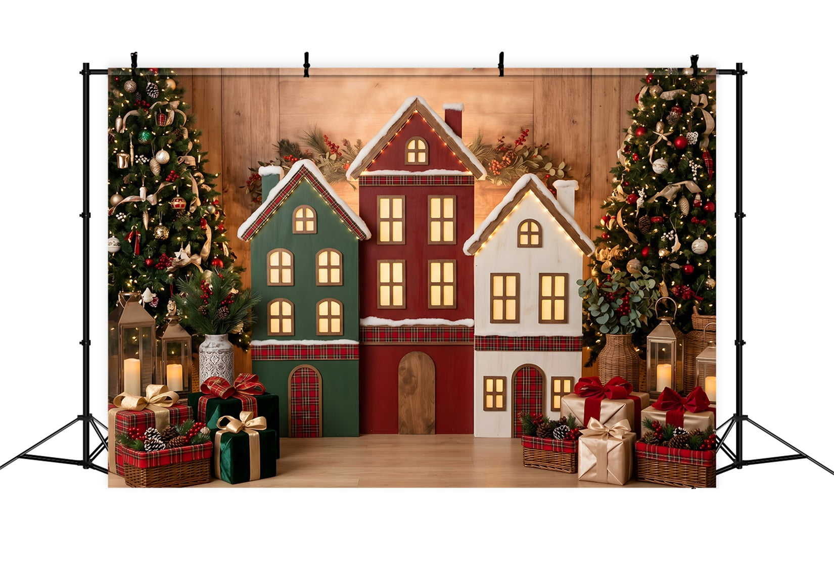 Christmas Ornament Backdrop Plaid Village Houses Glowing Trees Christmas Backdrop For Photos CEM65-191