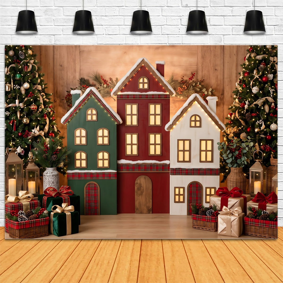 Christmas Ornament Backdrop Plaid Village Houses Glowing Trees Christmas Backdrop For Photos CEM65-191