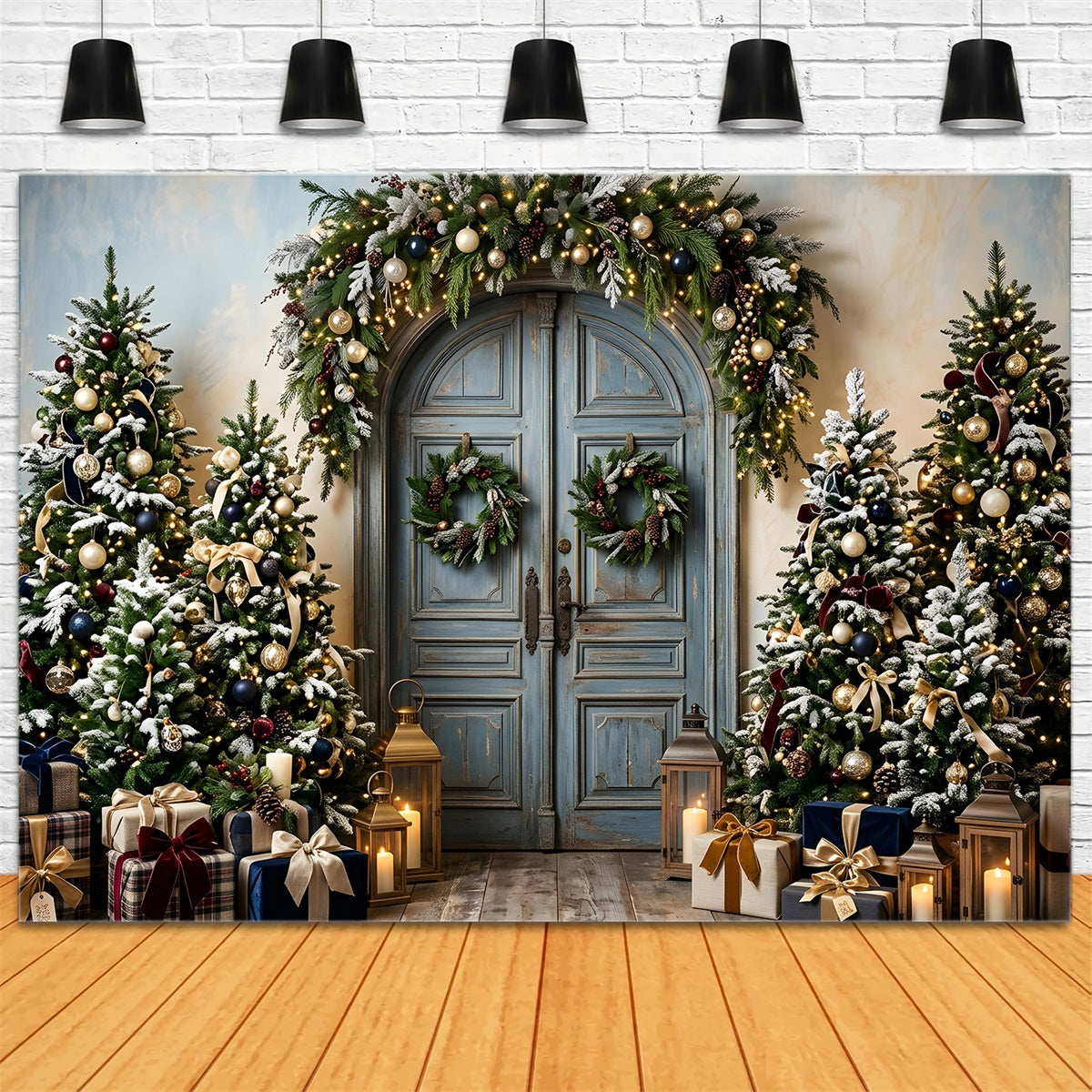 Photo Backdrops Christmas Vintage Blue Door Frosted Trees Christmas Backdrop Ideas CEM65-192