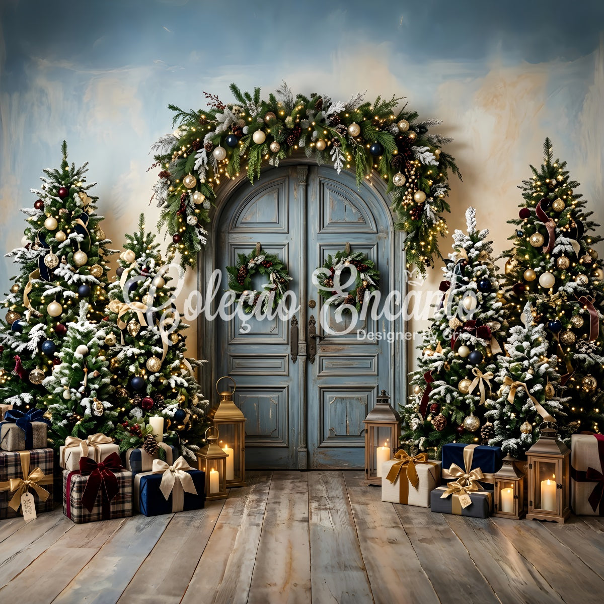 Photo Backdrops Christmas Vintage Blue Door Frosted Trees Christmas Backdrop Ideas CEM65-192