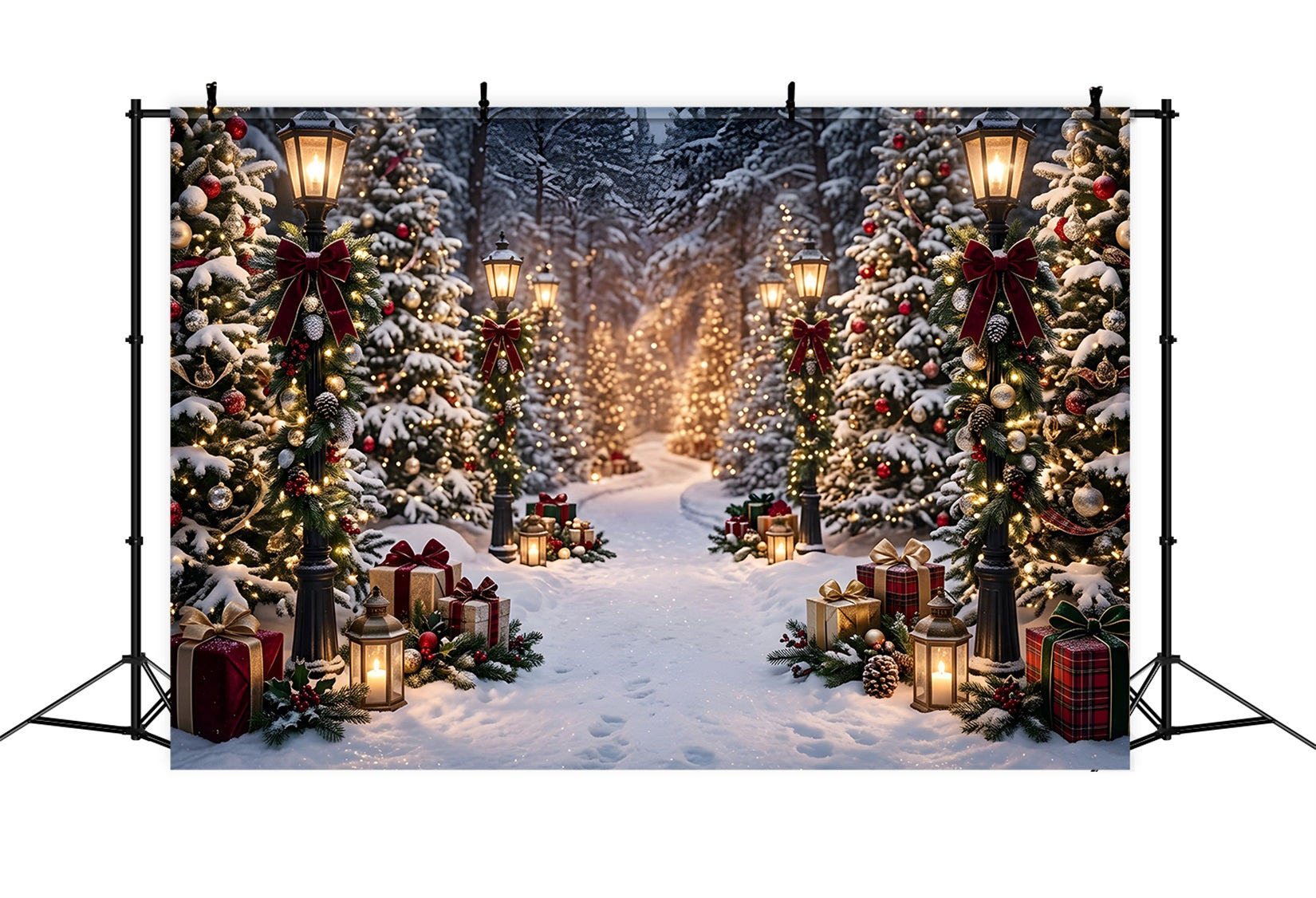 Christmas Backdrop Outdoor Snowy Lantern Forest Gift Path Christmas Photo Backdrops CEM65-193