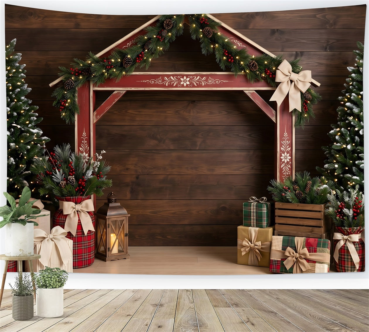 Dark Christmas Backdrop Rustic Red Market Stall Professional Christmas Backdrops CEM65-197