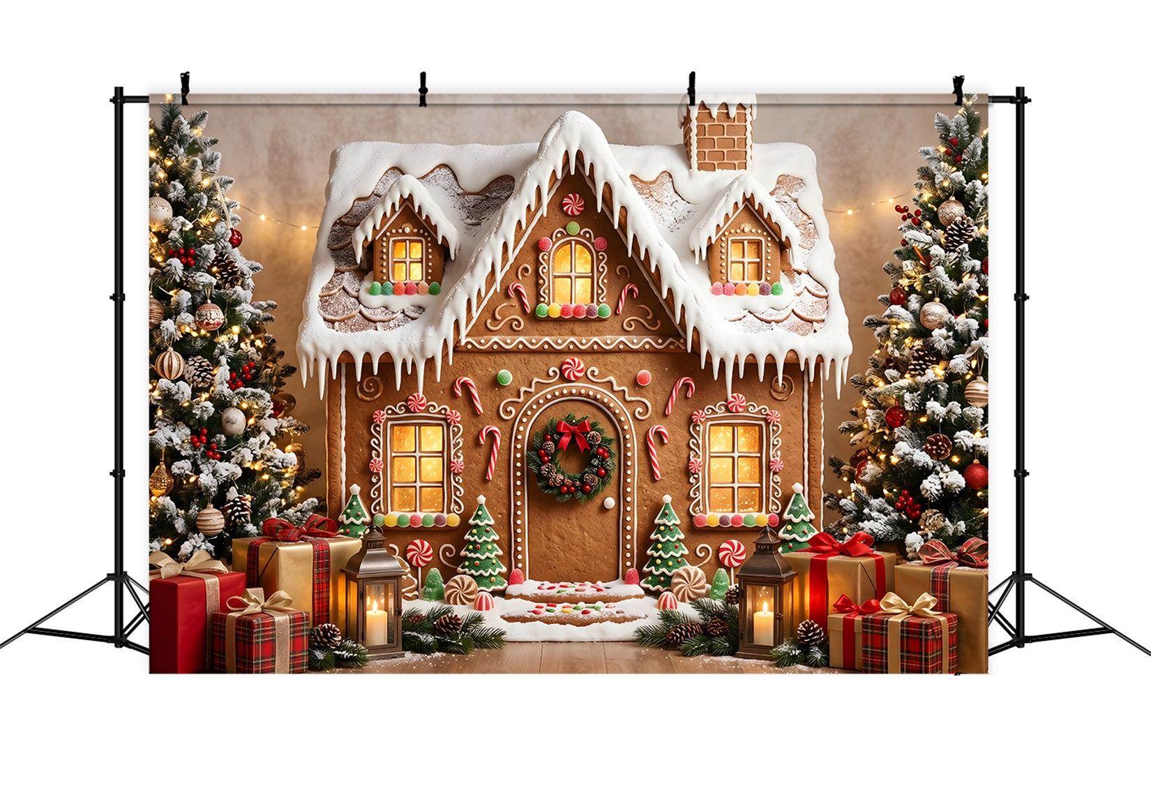 Gingerbread Christmas Backdrop Snowy Gingerbread Cottage Gift Christmas Photography Backdrops CEM65-198