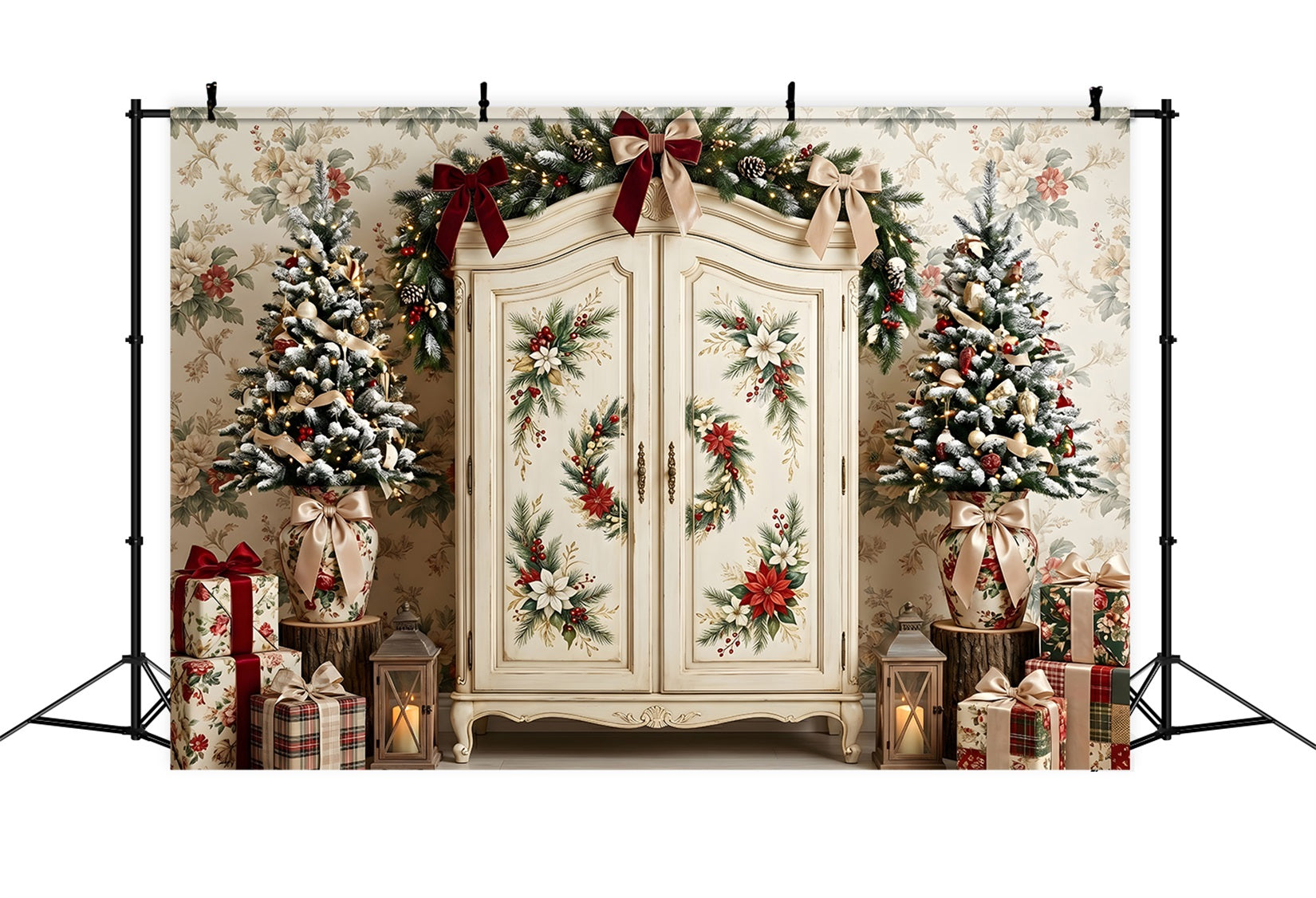 Christmas Picture Backdrops Vintage Floral Wardrobe Tree Christmas Backdrop Photography CEM65-199