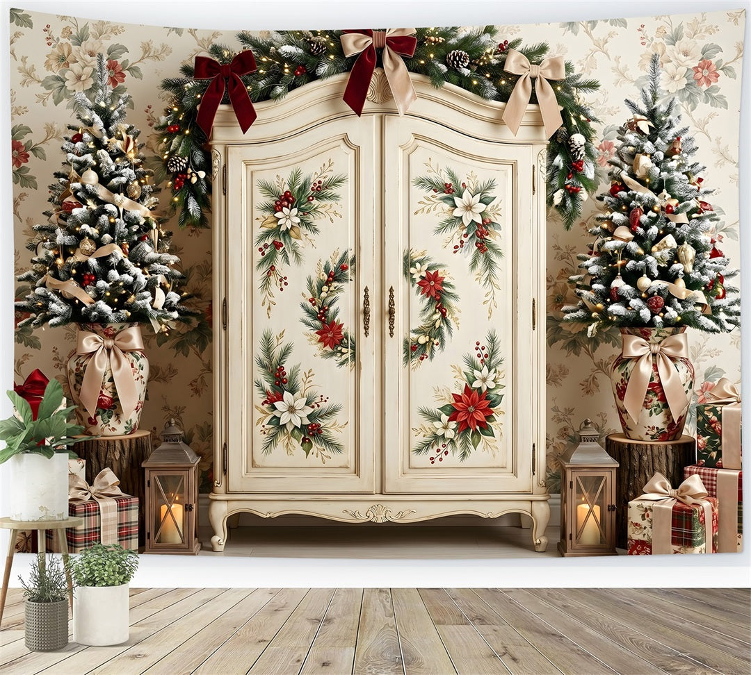 Christmas Picture Backdrops Vintage Floral Wardrobe Tree Christmas Backdrop Photography CEM65-199