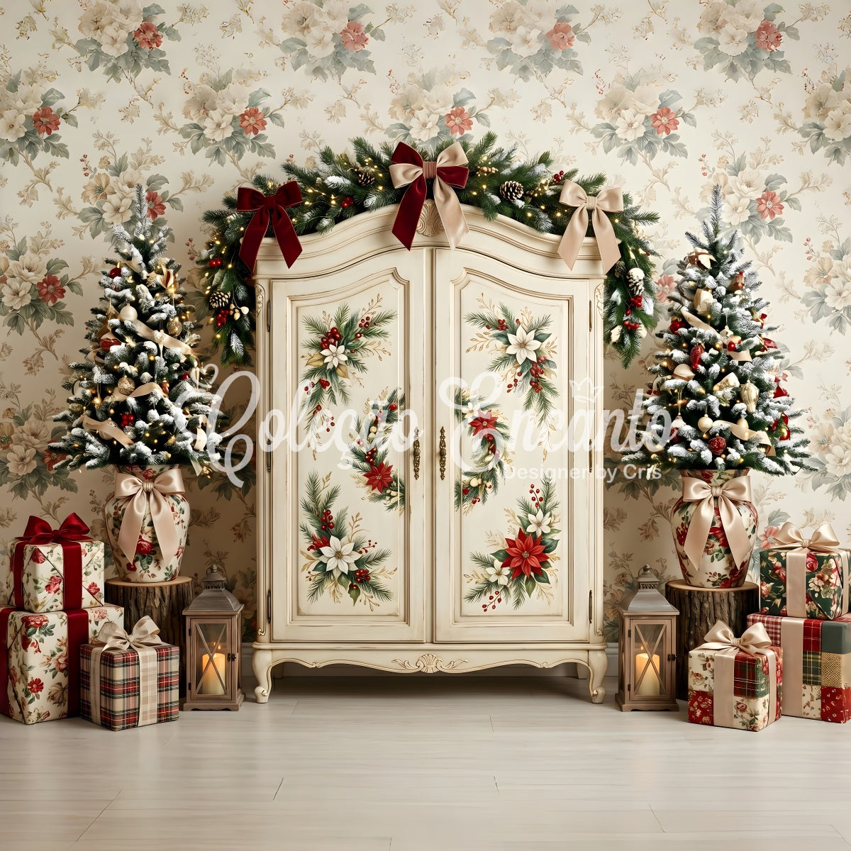 Christmas Picture Backdrops Vintage Floral Wardrobe Tree Christmas Backdrop Photography CEM65-199