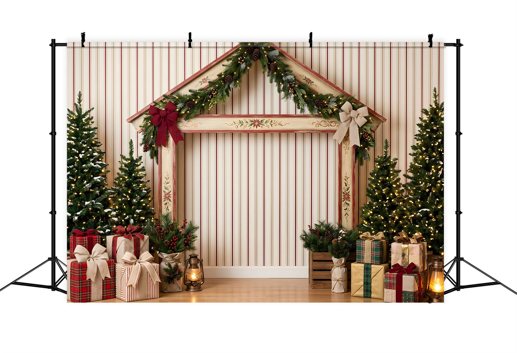 Christmas Wall Backdrops Striped Holiday Market Stall Christmas Photo Backdrop Ideas CEM65-201