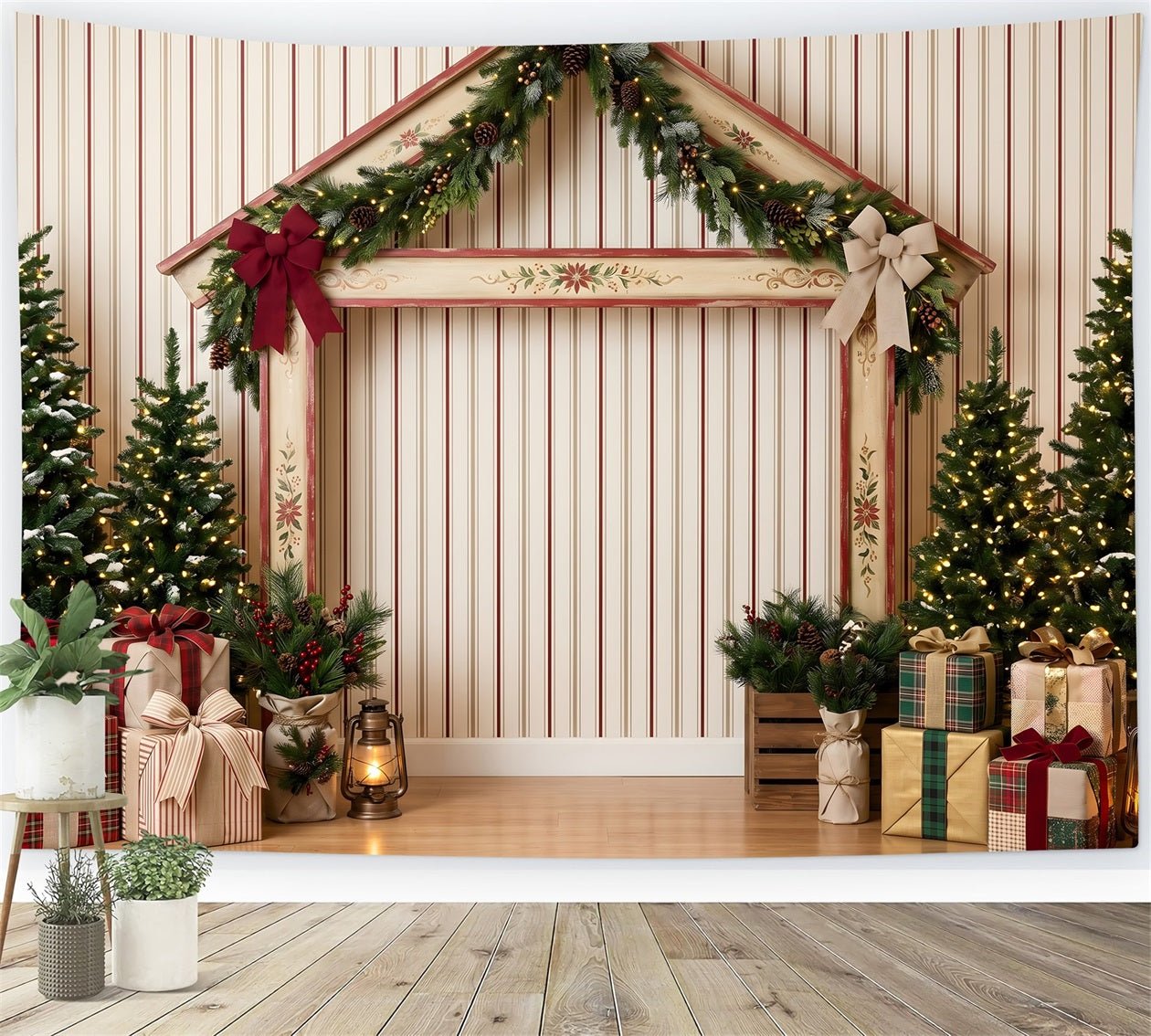 Christmas Wall Backdrops Striped Holiday Market Stall Christmas Photo Backdrop Ideas CEM65-201