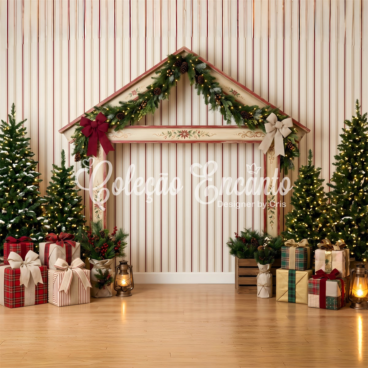 Christmas Wall Backdrops Striped Holiday Market Stall Christmas Photo Backdrop Ideas CEM65-201