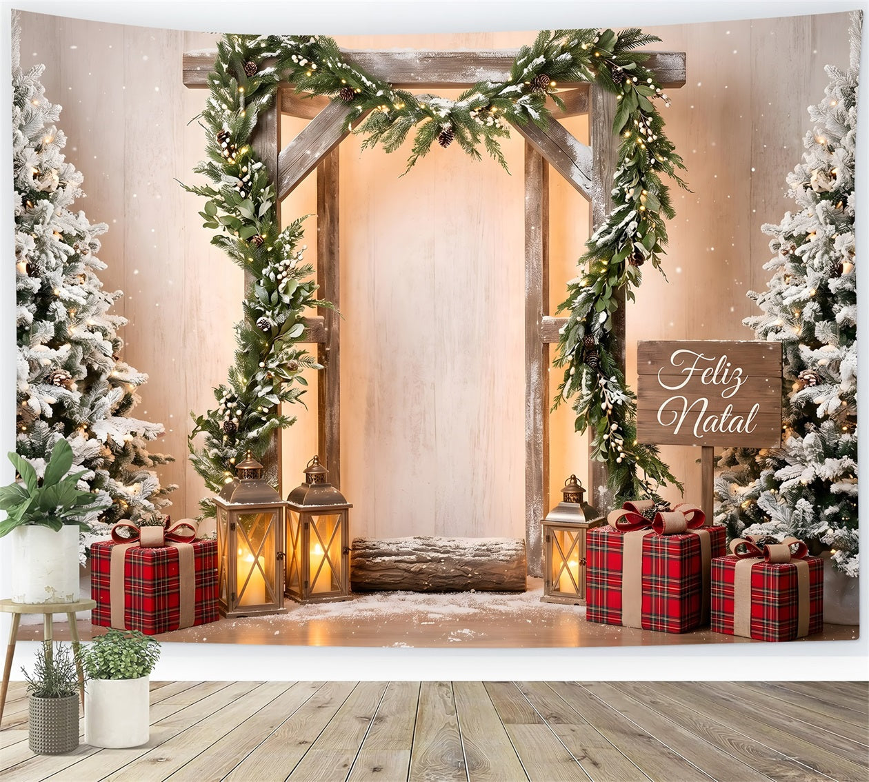 Simple Christmas Backdrop Frosted Wooden Arch Lantern Photo Backdrop Christmas CEM65-203