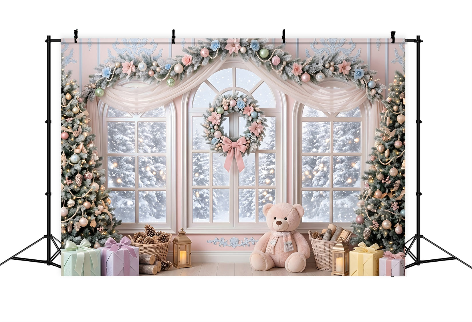 Pink Christmas Backdrop Pastel Floral Window Teddy Christmas Backdrop Design CEM65-204