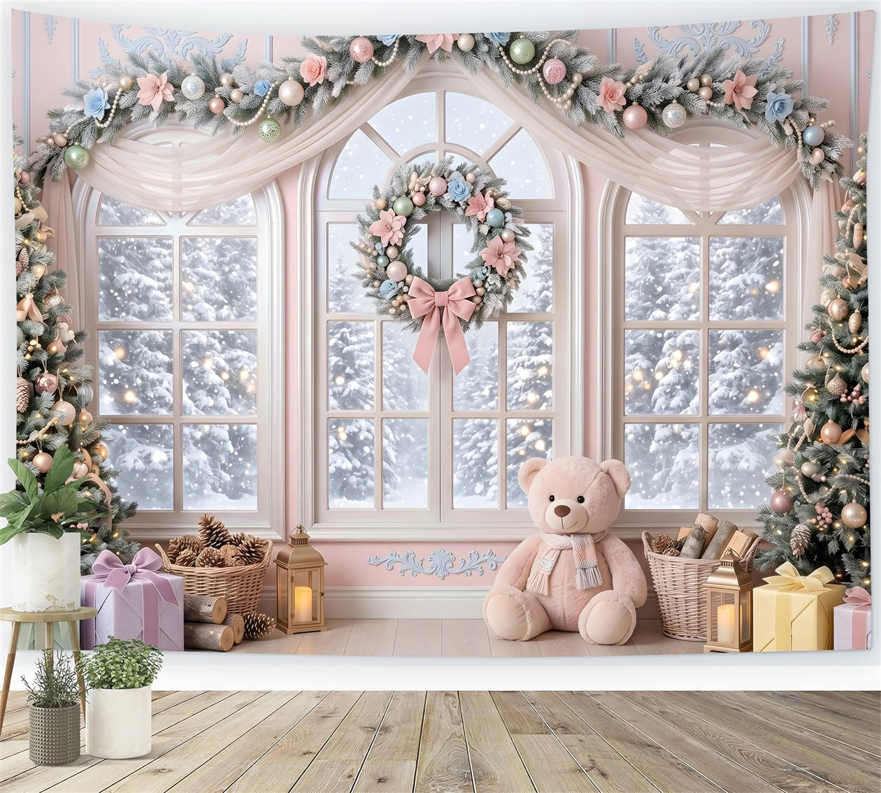 Pink Christmas Backdrop Pastel Floral Window Teddy Christmas Backdrop Design CEM65-204