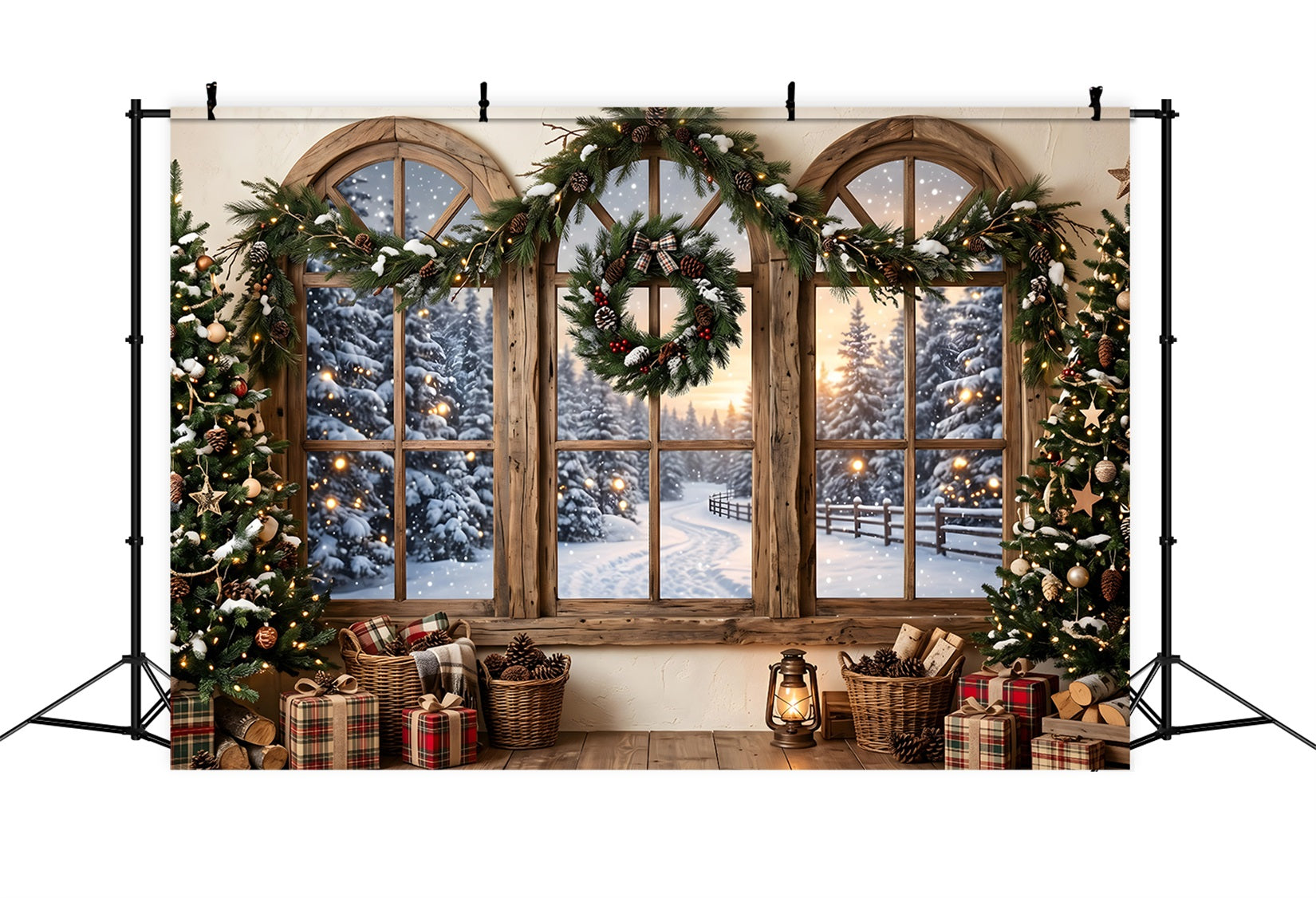 Rustic Christmas Backdrop Rustic Snowy Window Wreath Photography Christmas Backdrops CEM65-207