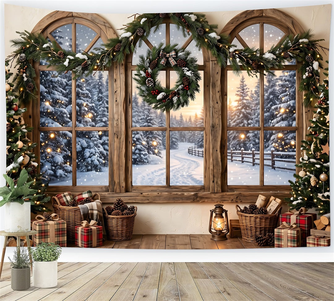 Rustic Christmas Backdrop Rustic Snowy Window Wreath Photography Christmas Backdrops CEM65-207