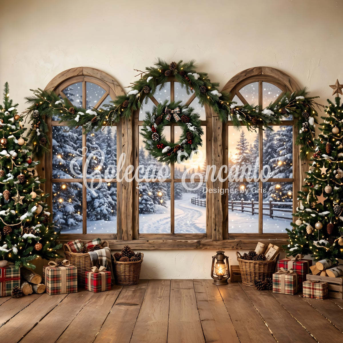 Rustic Christmas Backdrop Rustic Snowy Window Wreath Photography Christmas Backdrops CEM65-207