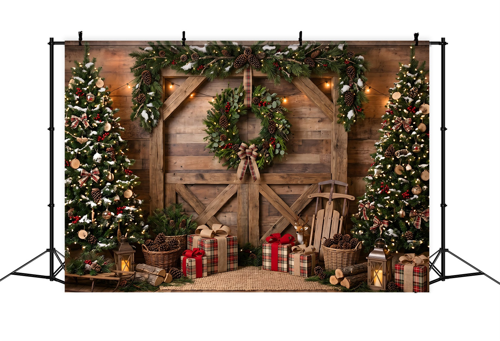 Christmas Scene Backdrops Rustic Barn Wreath Sled Christmas Photoshoot Backdrop CEM65-208