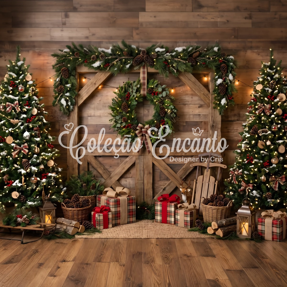 Christmas Scene Backdrops Rustic Barn Wreath Sled Christmas Photoshoot Backdrop CEM65-208