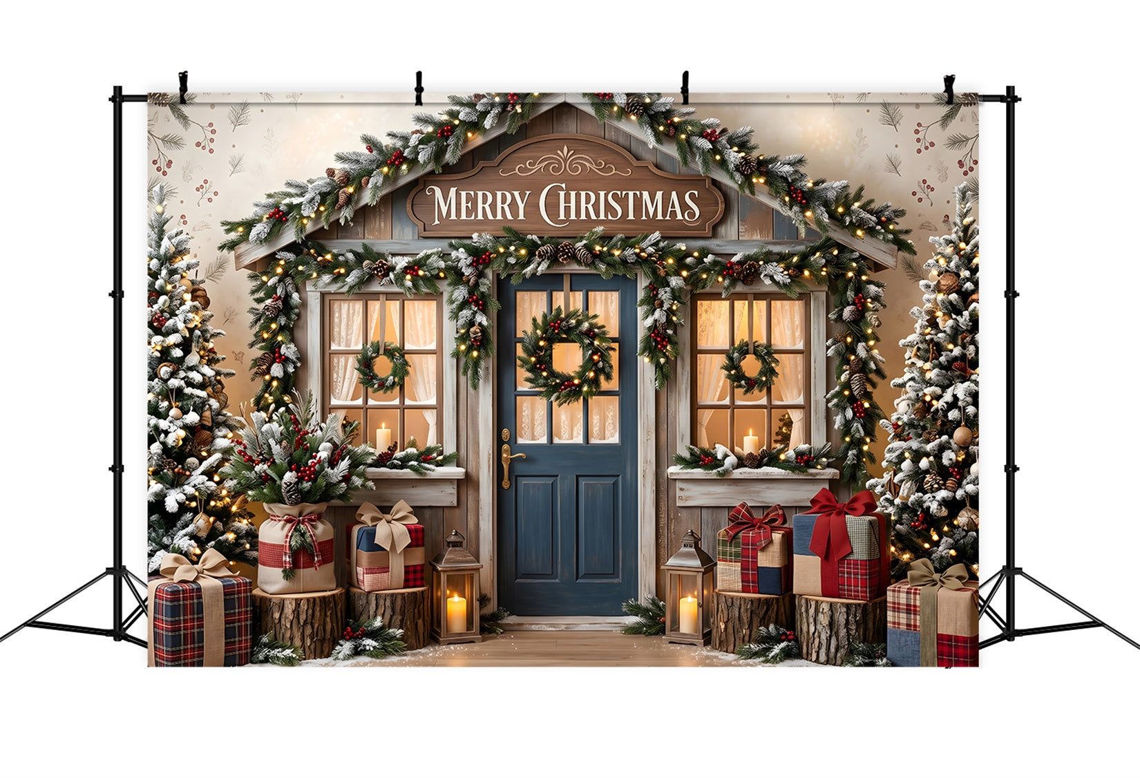 Christmas Shop Backdrop Rustic Blue Door Wreath Christmas Backdrop For Pictures CEM65-209