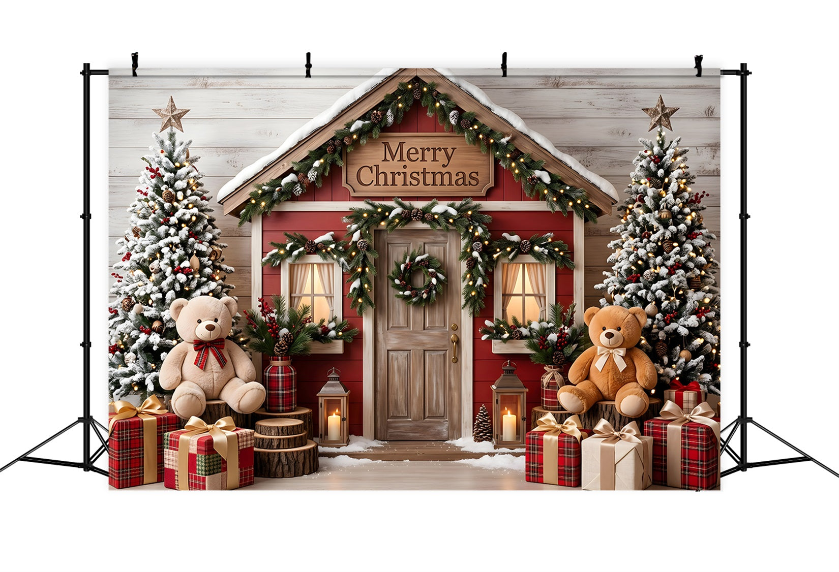 Merry Christmas Backdrop Snowy Red Cottage Teddy Photo Booth Christmas Backdrop CEM65-210