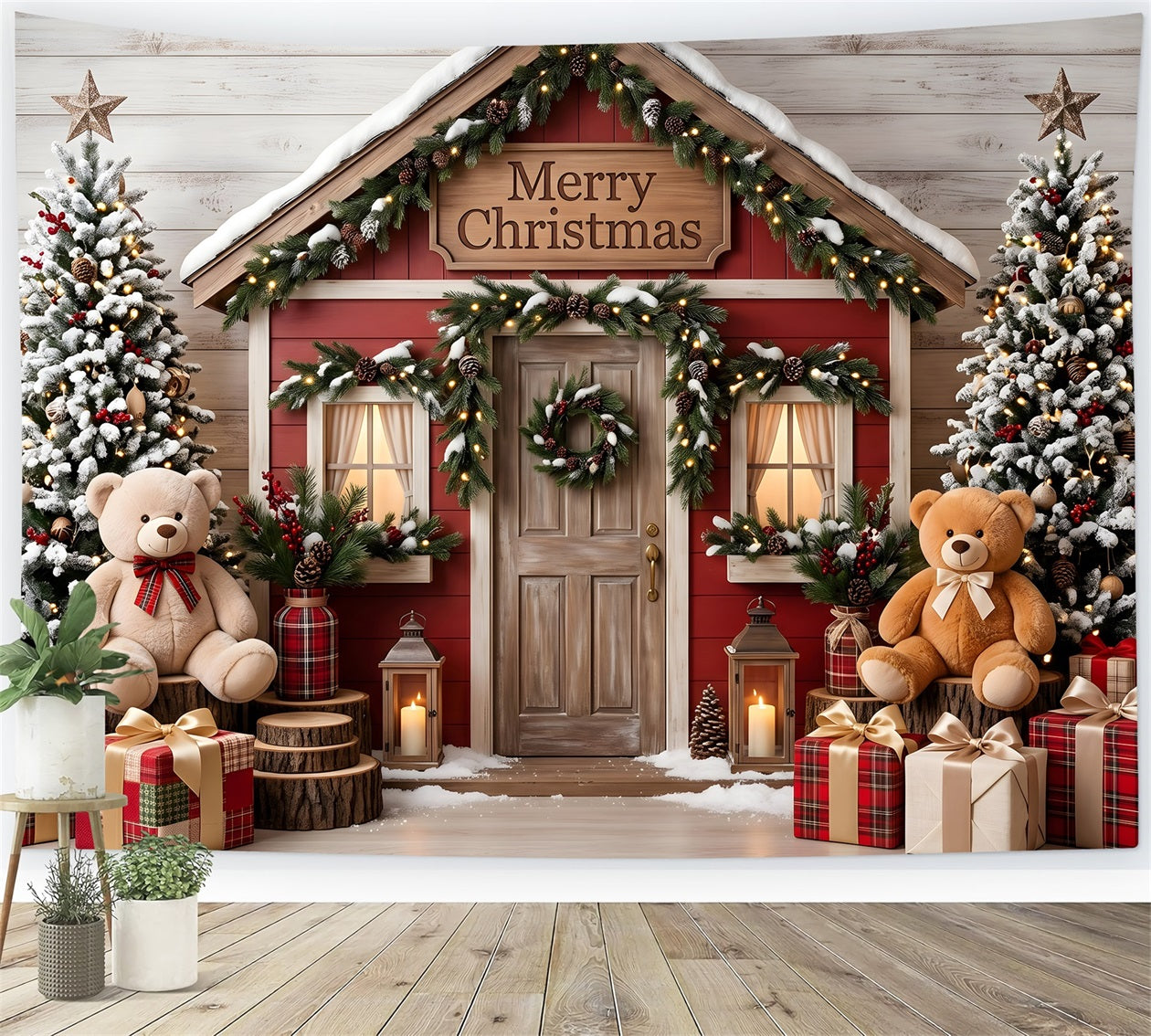 Merry Christmas Backdrop Snowy Red Cottage Teddy Photo Booth Christmas Backdrop CEM65-210