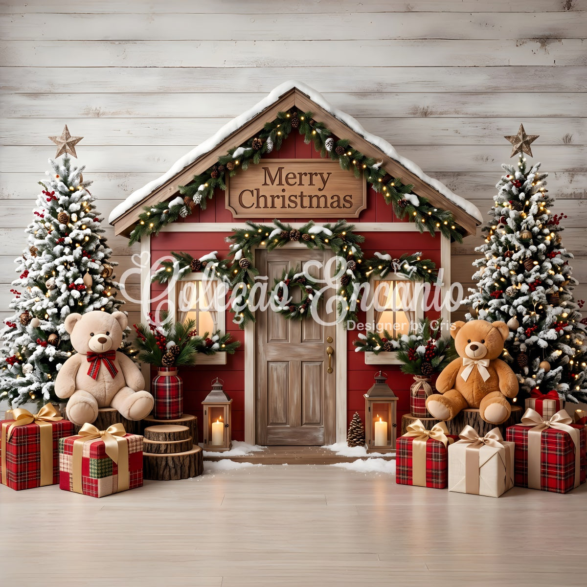 Merry Christmas Backdrop Snowy Red Cottage Teddy Photo Booth Christmas Backdrop CEM65-210