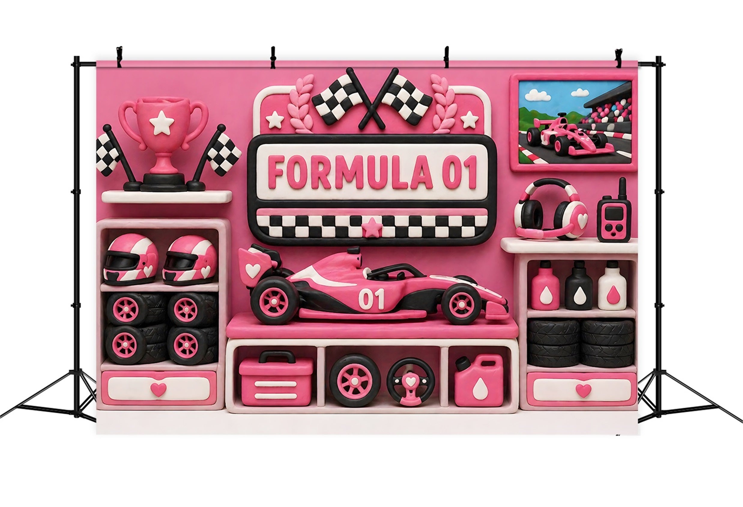 Photo Backdrops for Kids Pink Racing Trophy Garage Newborn Backdrops CEM65-25