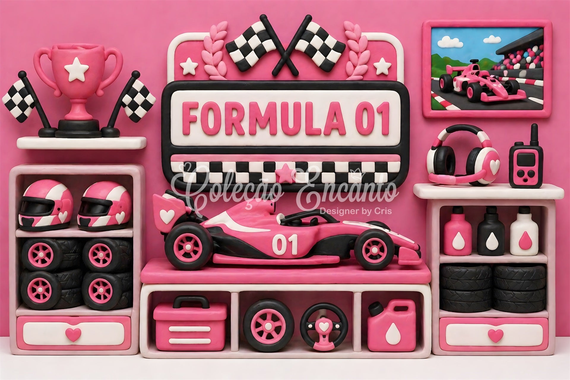 Photo Backdrops for Kids Pink Racing Trophy Garage Newborn Backdrops CEM65-25