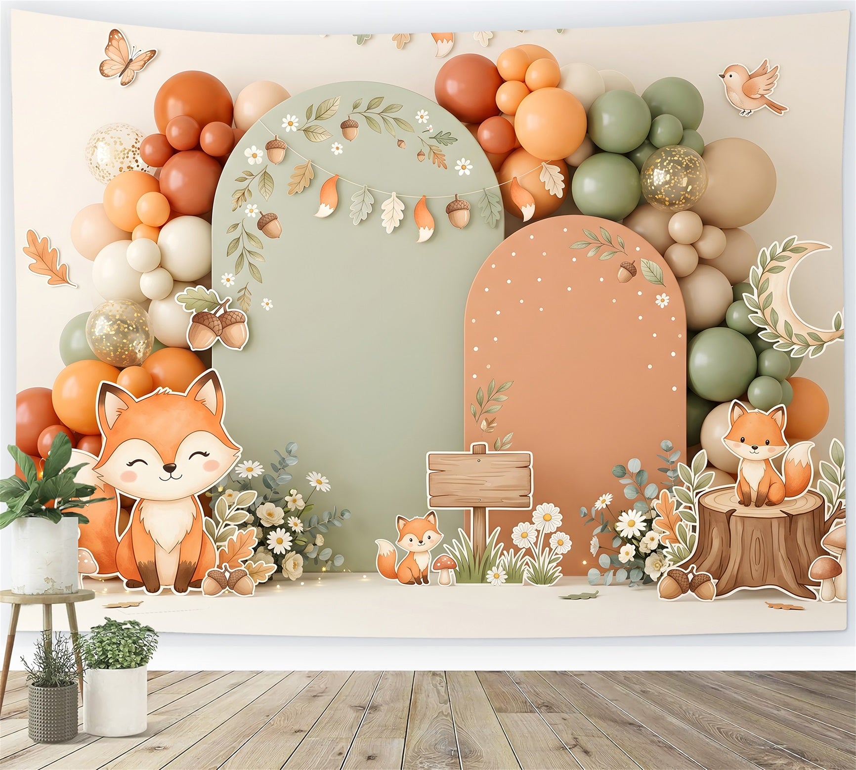 Kids Backdrop Ideas Autumn Fox Woodland Balloon Arch Newborn Backdrops for Photography CEM65-28