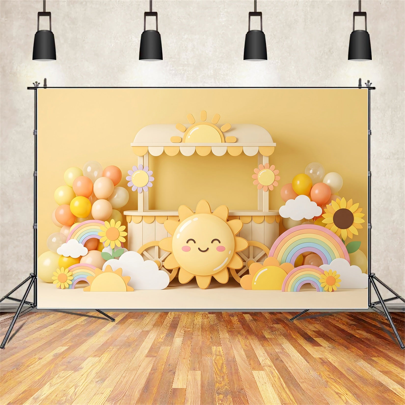 Newborn Photography Backdrop Sunshine Rainbow Balloon Cart Backdrops for Kids Photography CEM65-31