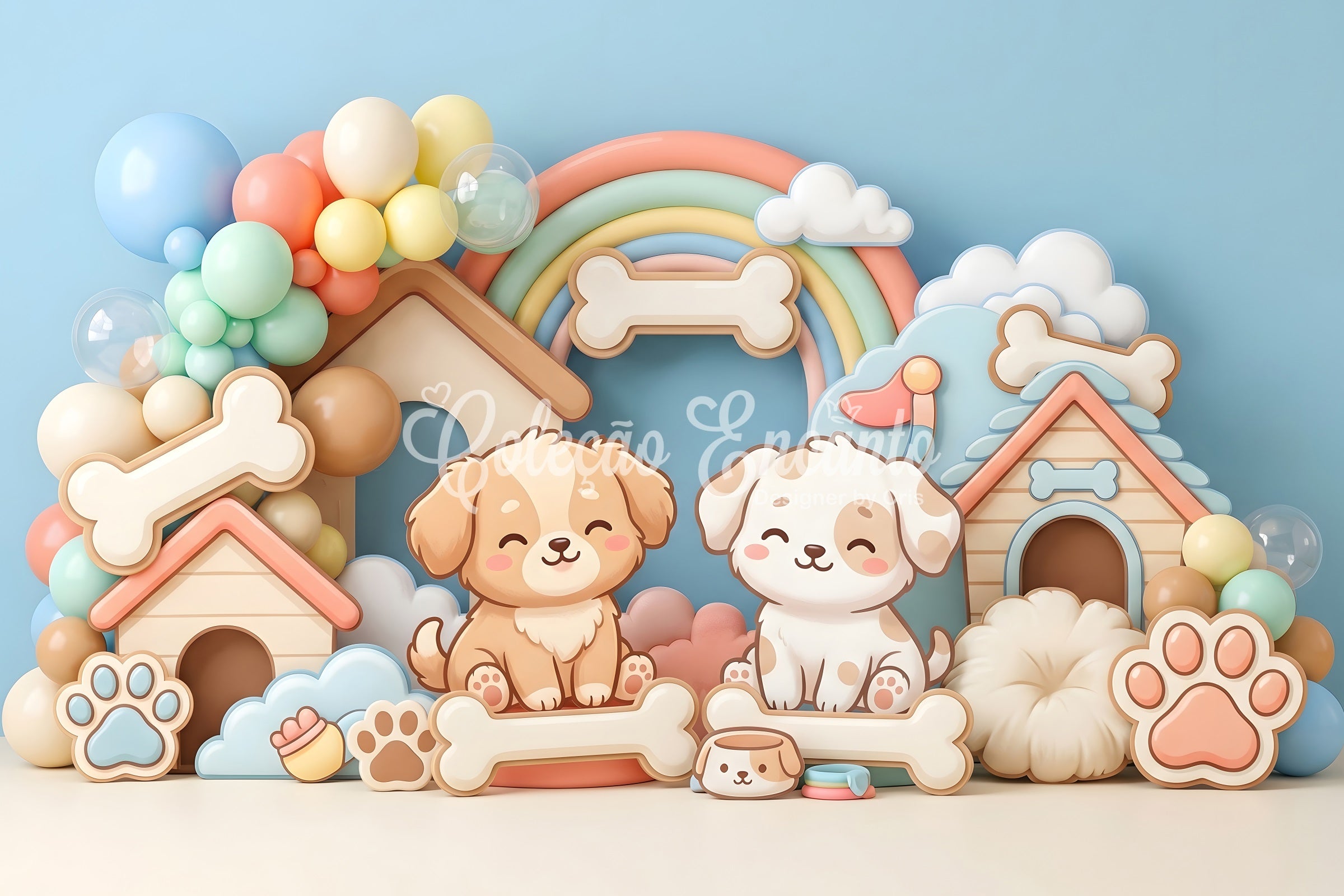 Kid Backdrop Cute Puppy Doghouse Rainbow Balloons Newborn Photography Wood Backdrop CEM65-32