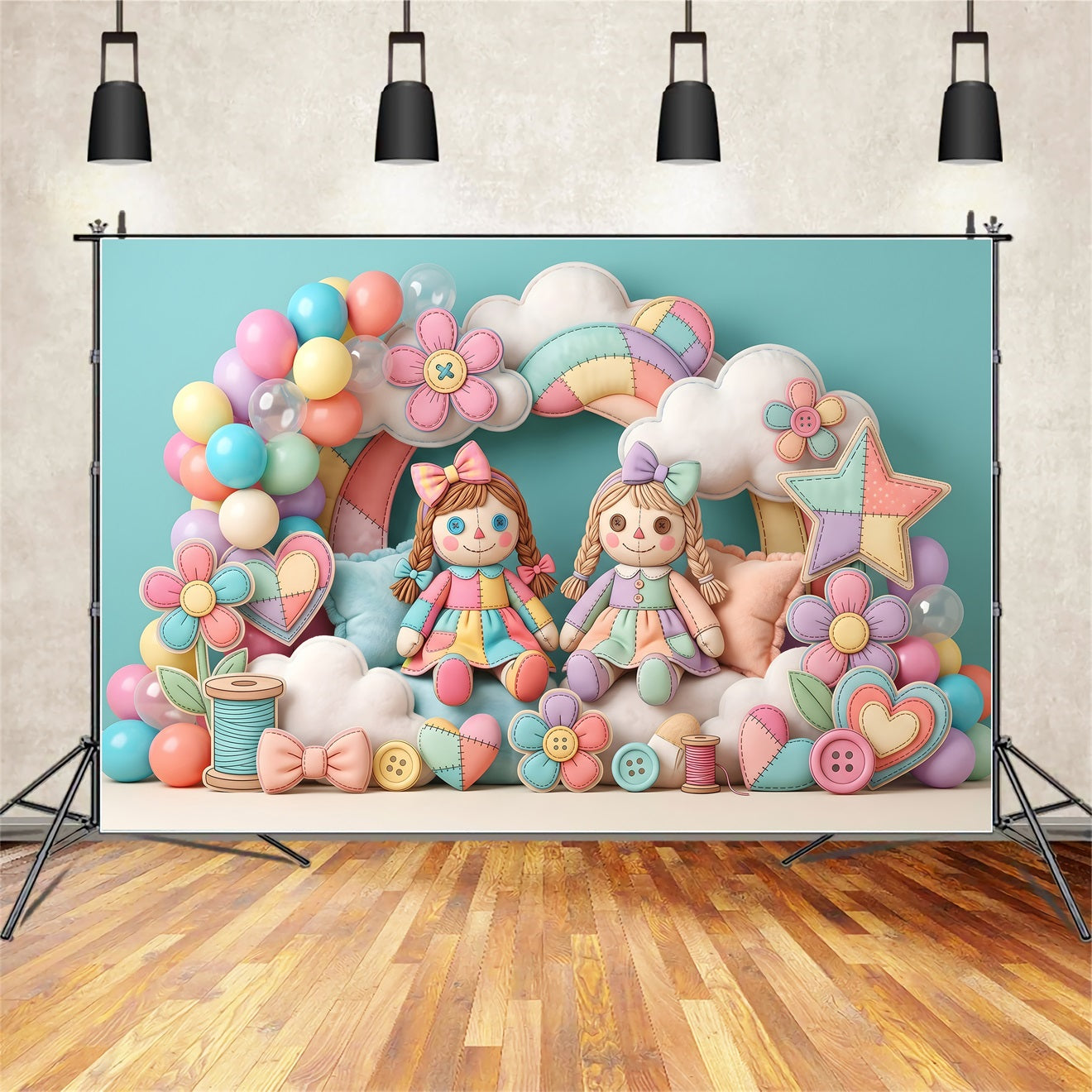 Kids Photo Backdrops Patchwork Doll Rainbow Balloon Newborn Baby Backdrop CEM65-33