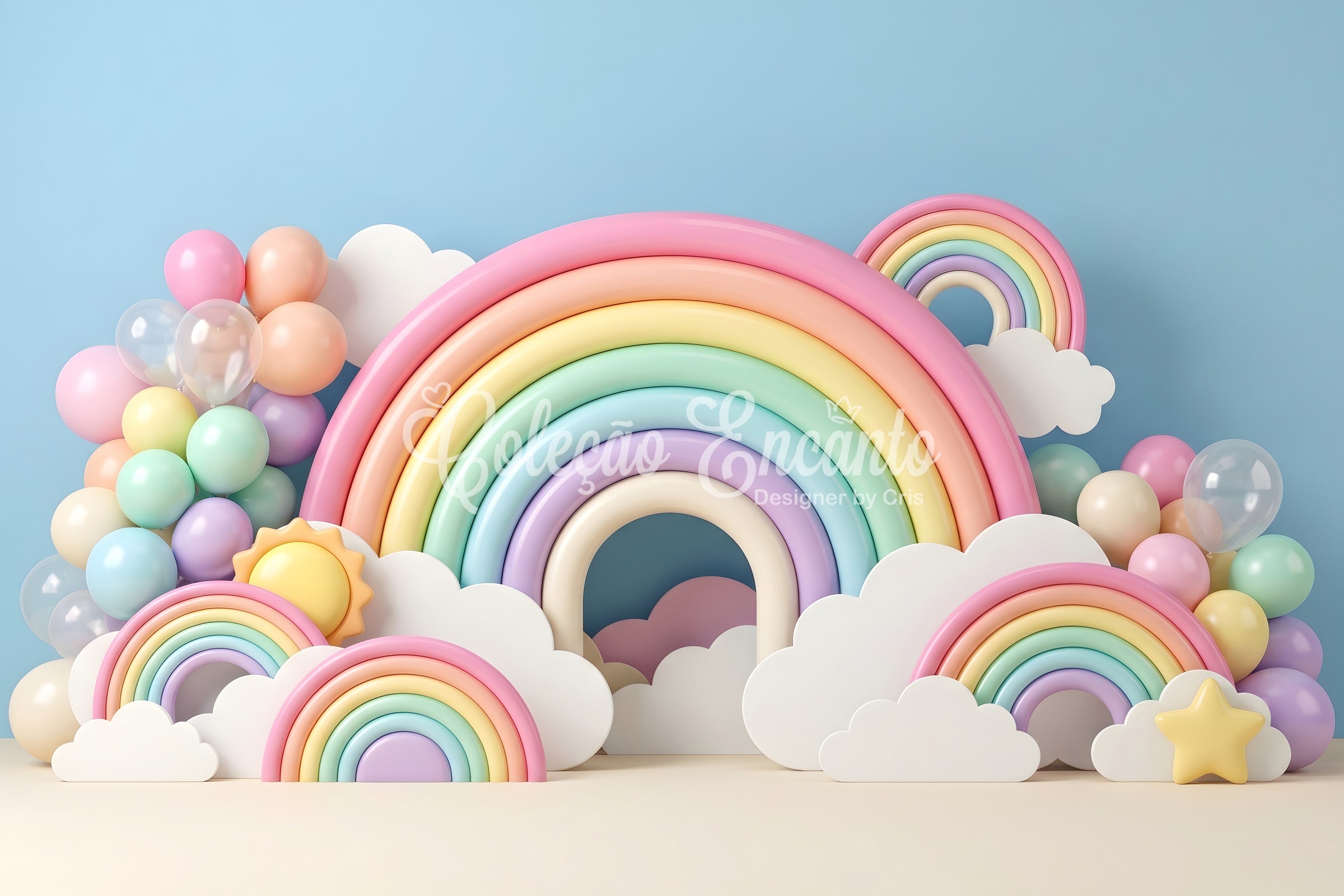 Childrens Photo Backdrops Pastel Rainbow Cloud Balloon Arch Newborn Photography Backdrop CEM65-34