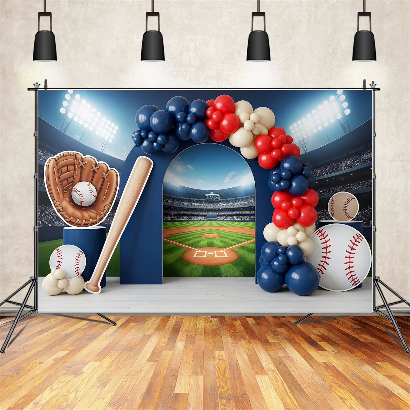 Photography Backdrops for Children Baseball Stadium Sports Balloon Arch Newborn Backdrop CEM65-39