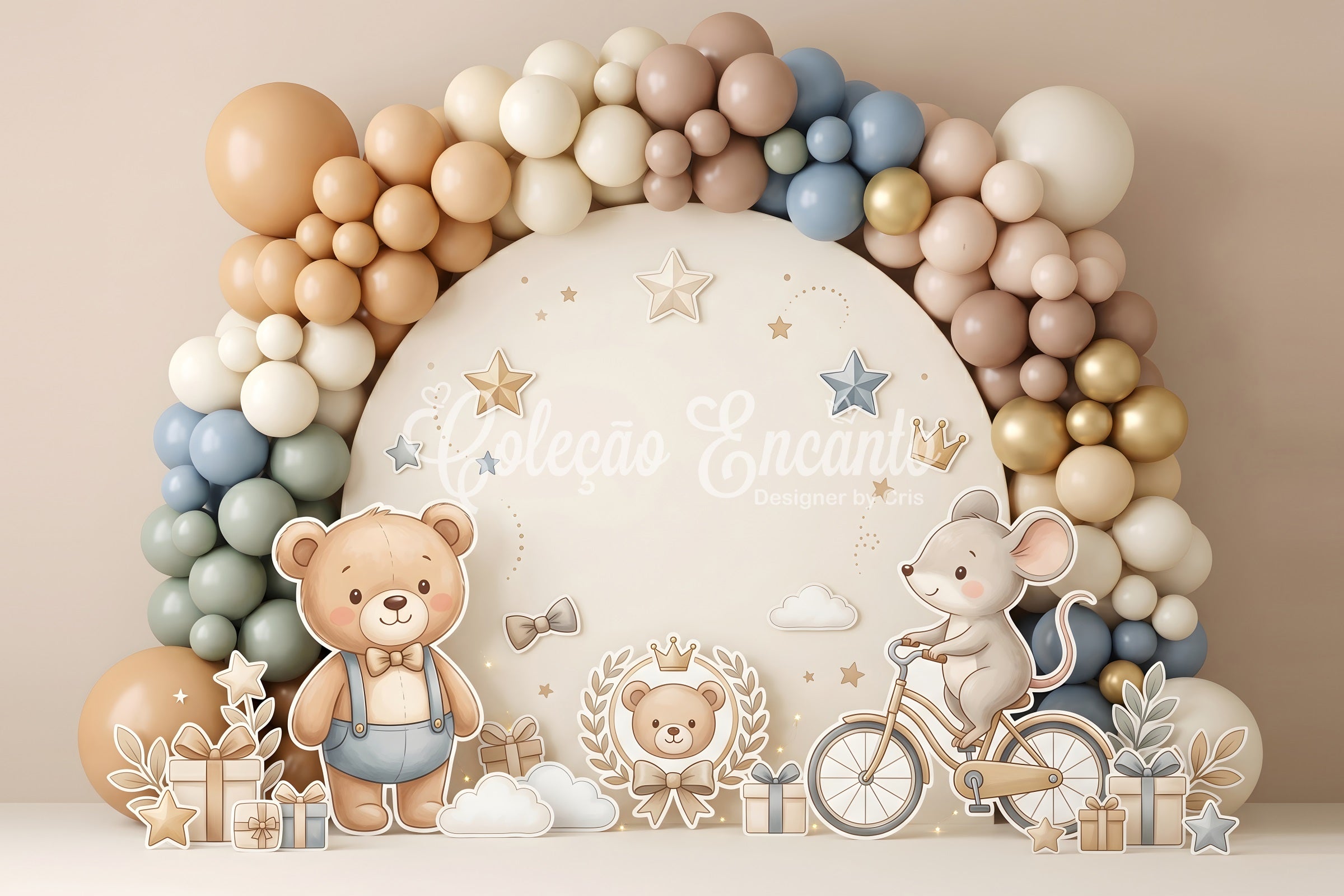Backdrop for Children's Photos Teddy Mouse Bicycle Gift Balloons Newborn Photoshoot Backdrop CEM65-52