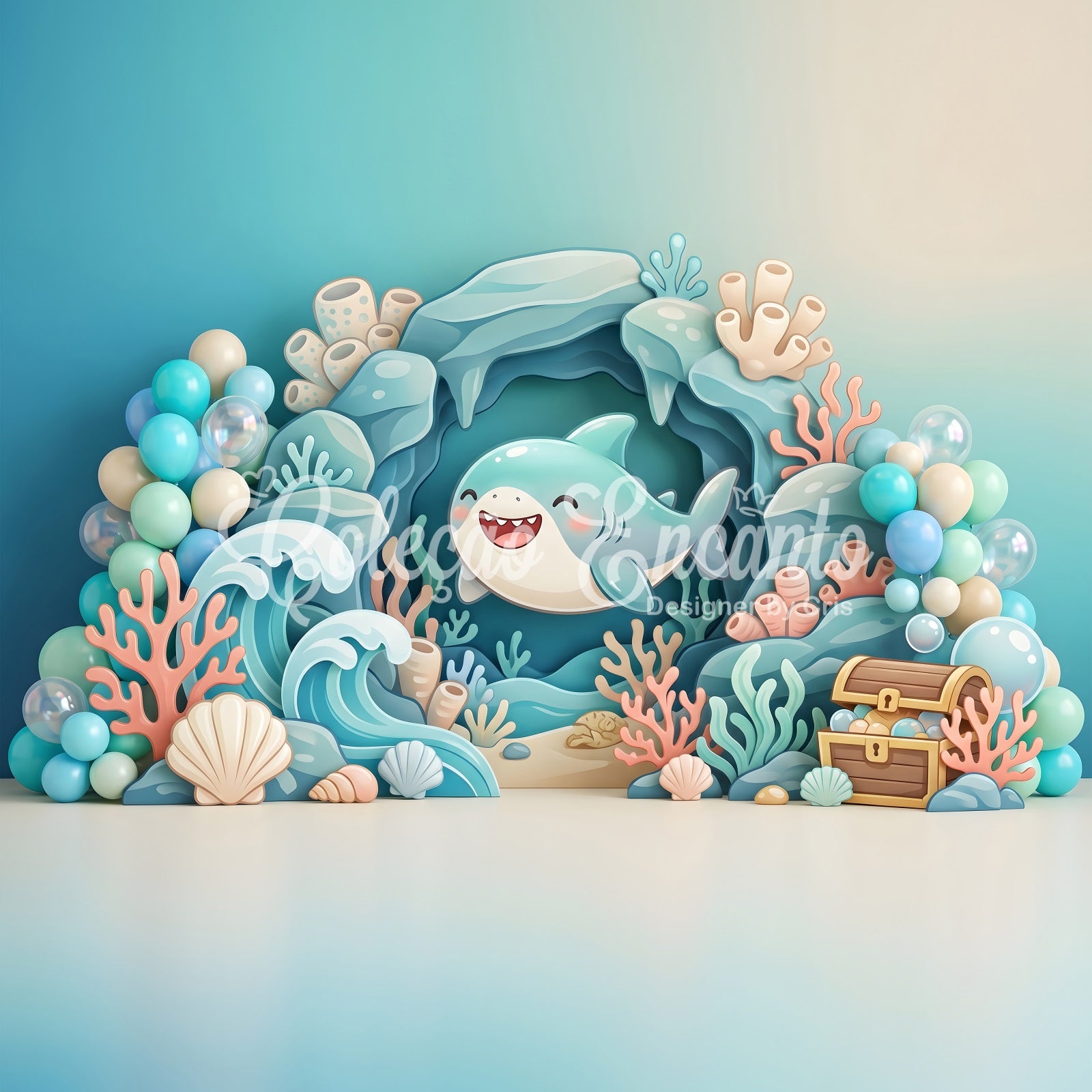 Newborn Photography Backdrops Cute Shark Ocean Coral Treasure Backdrop for Kids Birthday CEM65-56