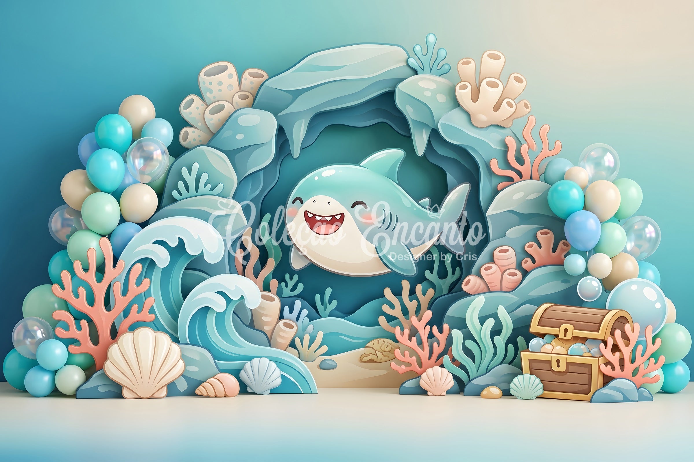 Newborn Photography Backdrops Cute Shark Ocean Coral Treasure Backdrop for Kids Birthday CEM65-56