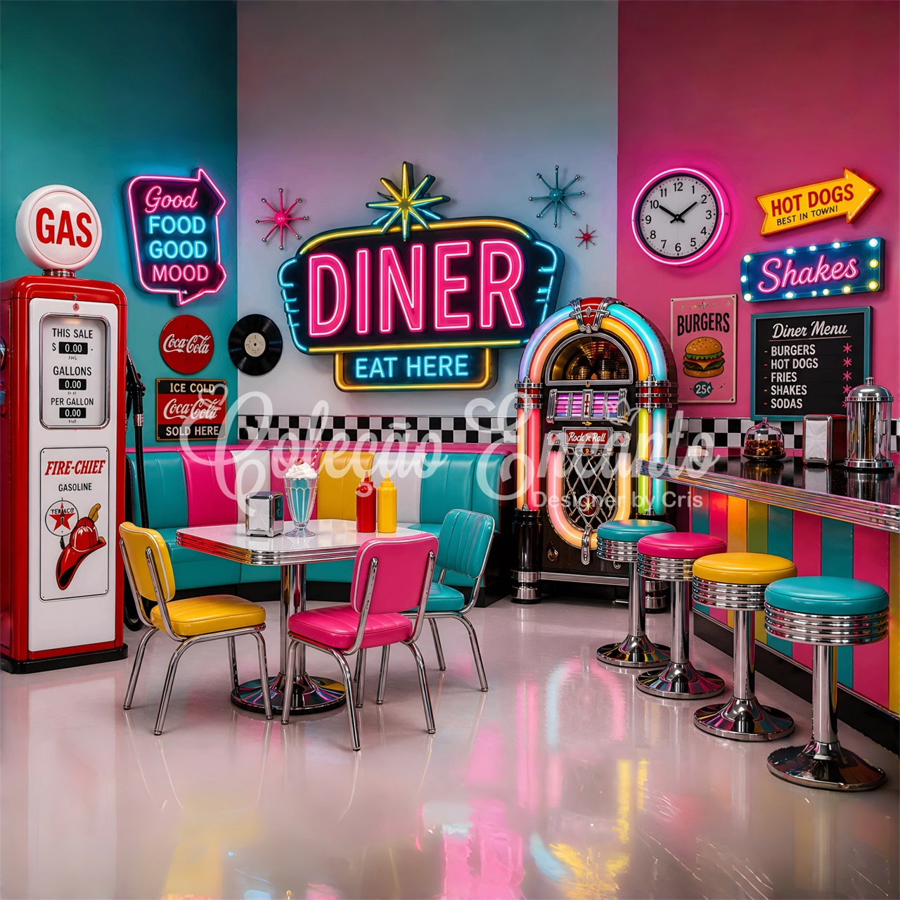 Newborn Backdrop Neon Retro Diner Jukebox Photography Backdrops for Kids CEM65-7