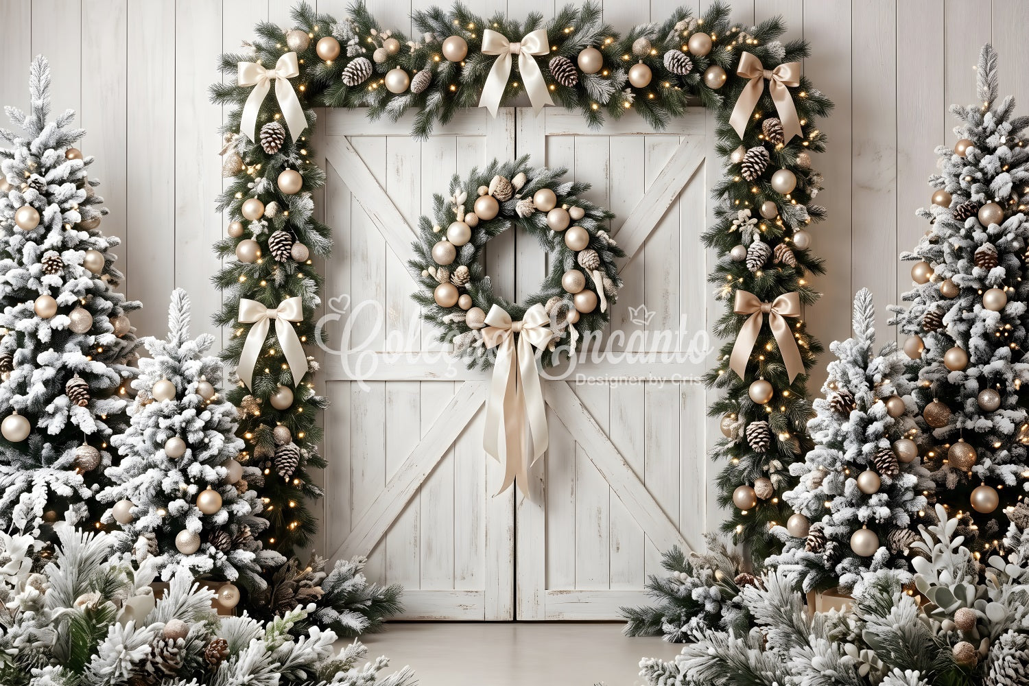 Christmas Backdrop Frosted Barn Door Evergreen Wreath Christmas Photoshoot Backdrop CEM65-72
