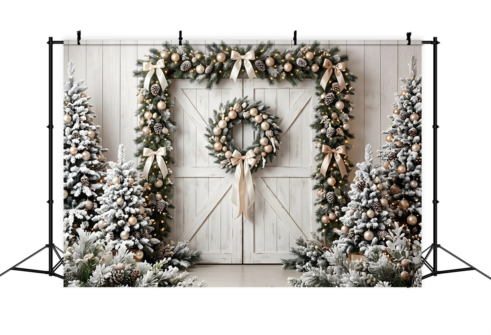 Christmas Backdrop Frosted Barn Door Evergreen Wreath Christmas Photoshoot Backdrop CEM65-72