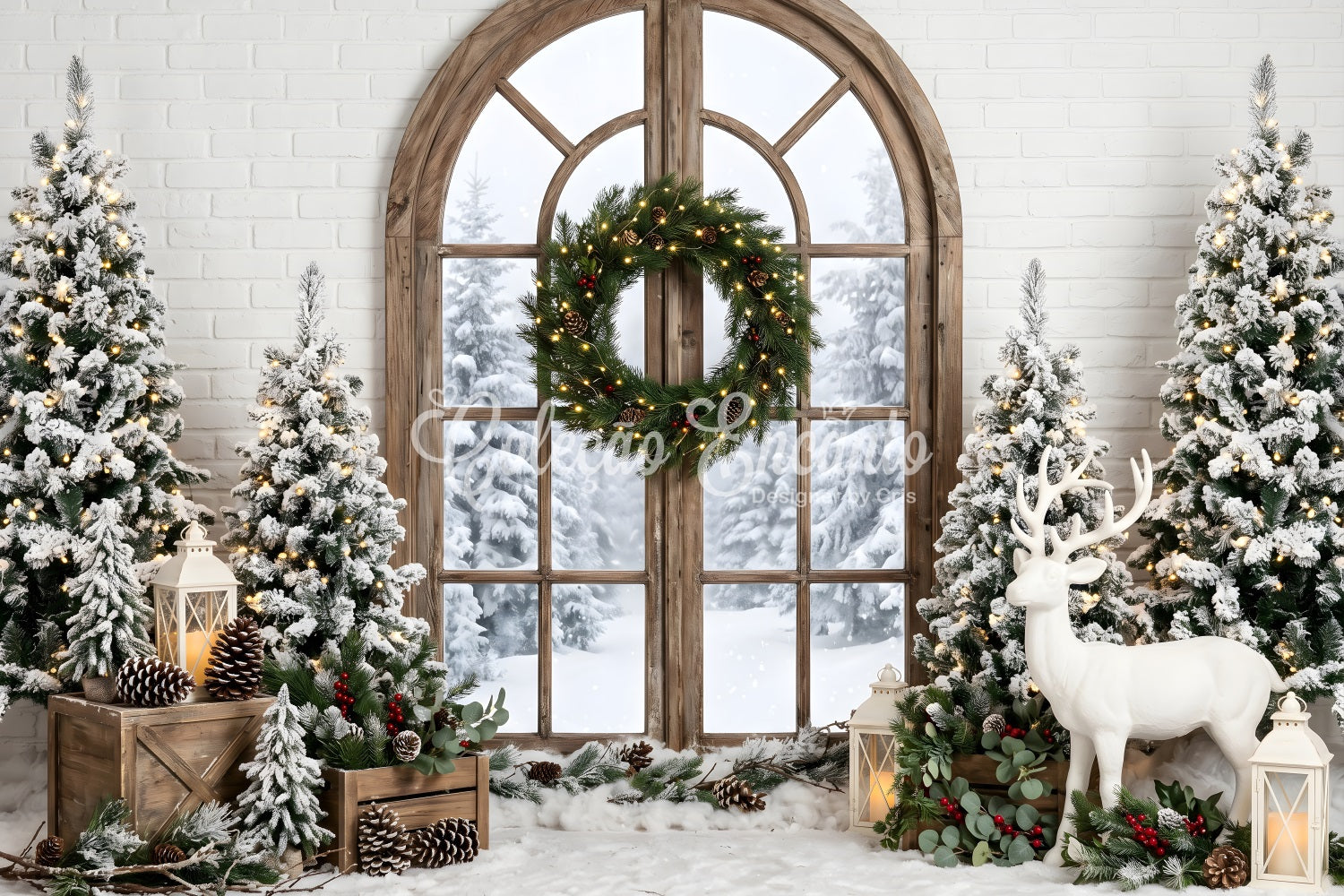 Christmas Backdrop Ideas Frosted Window Wreath Deer Trees Photo Booth Christmas Backdrop CEM65-74