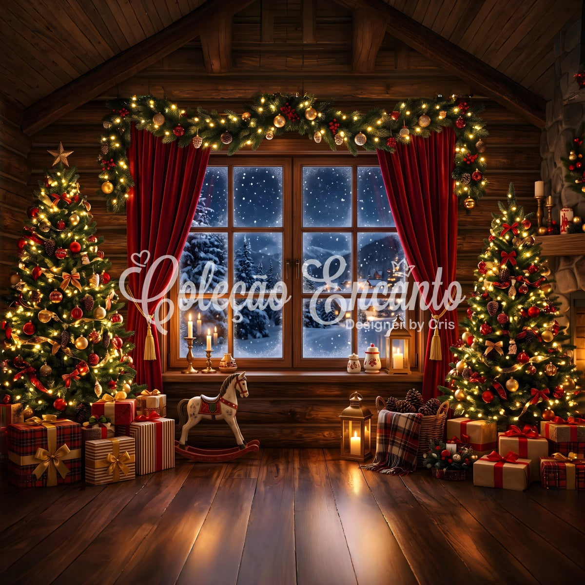 Christmas Photo Backdrops Cozy Cabin Snow Window Trees Christmas Backdrops For Pictures CEM65-75