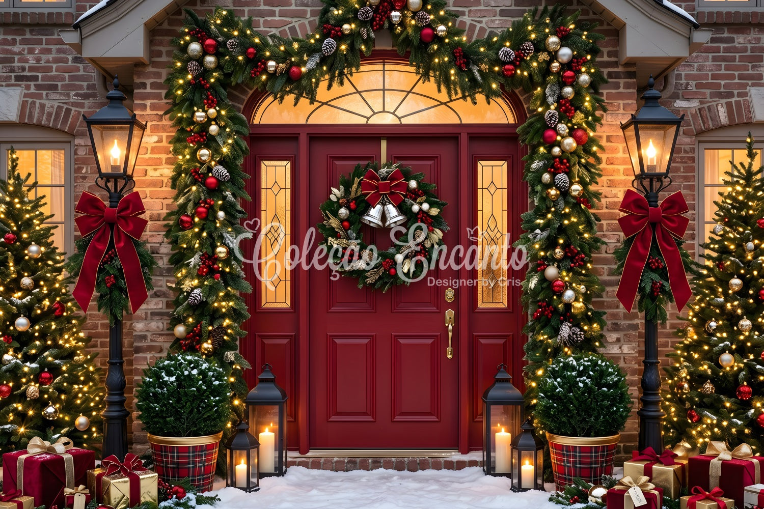 Merry Christmas Backdrop Burgundy Door Garland Lantern Porch Christmas Backdrop CEM65-76