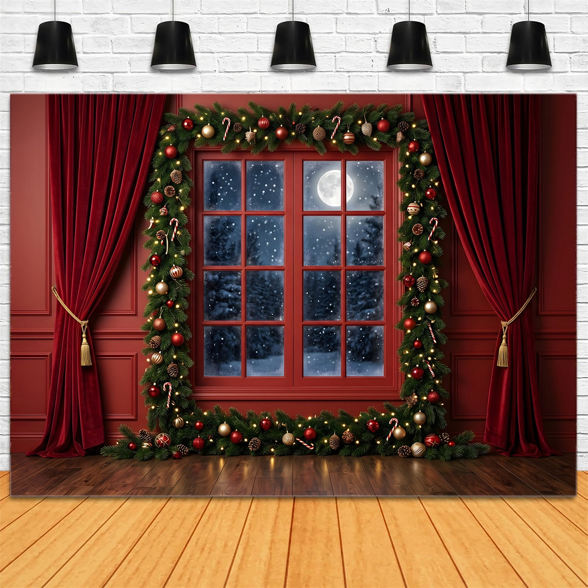 Christmas Backdrops Sale Crimson Moonlit Window Garland Photography Christmas Backdrop CEM65-77