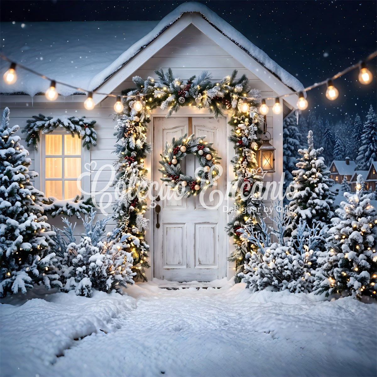 Christmas Backdrops For Photos Snowy White Porch Wreath Christmas Photobooth Backdrop CEM65-78