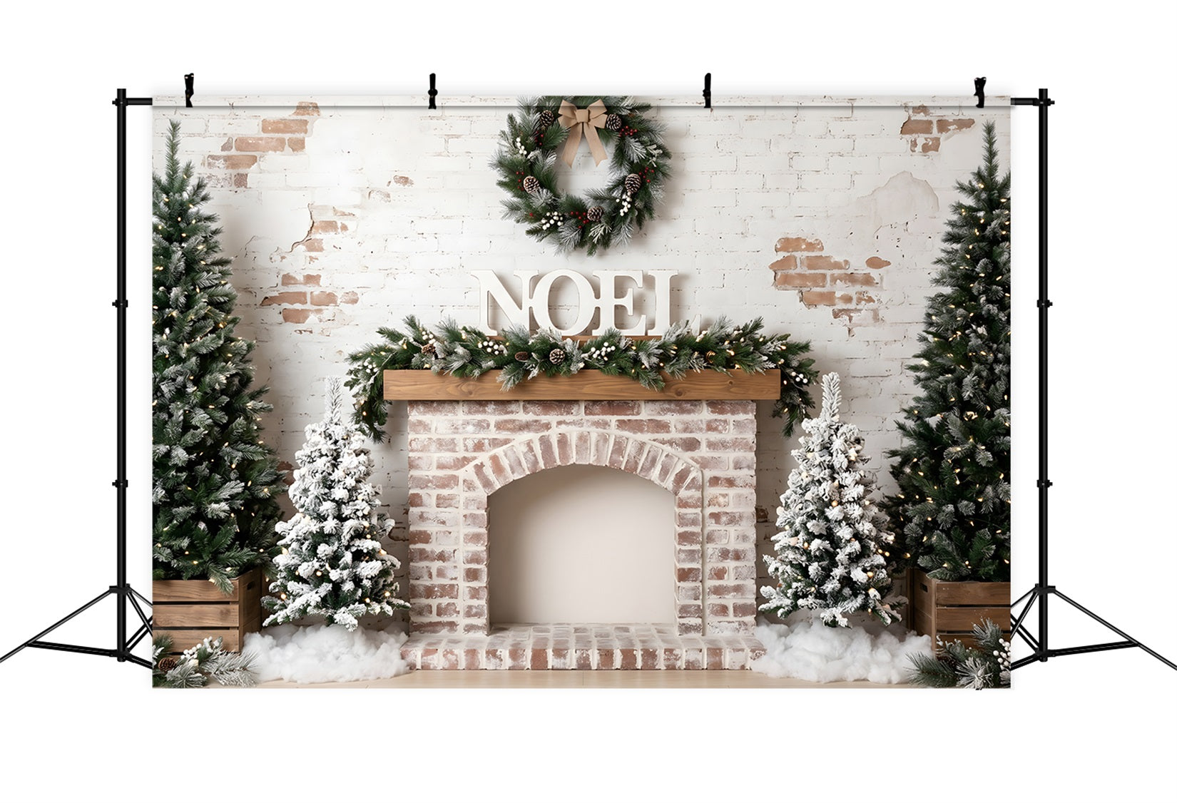 Christmas Backdrops 10x10 Frosted Brick Fireplace Noel Wreath Christmas Studio Backdrop CEM65-81