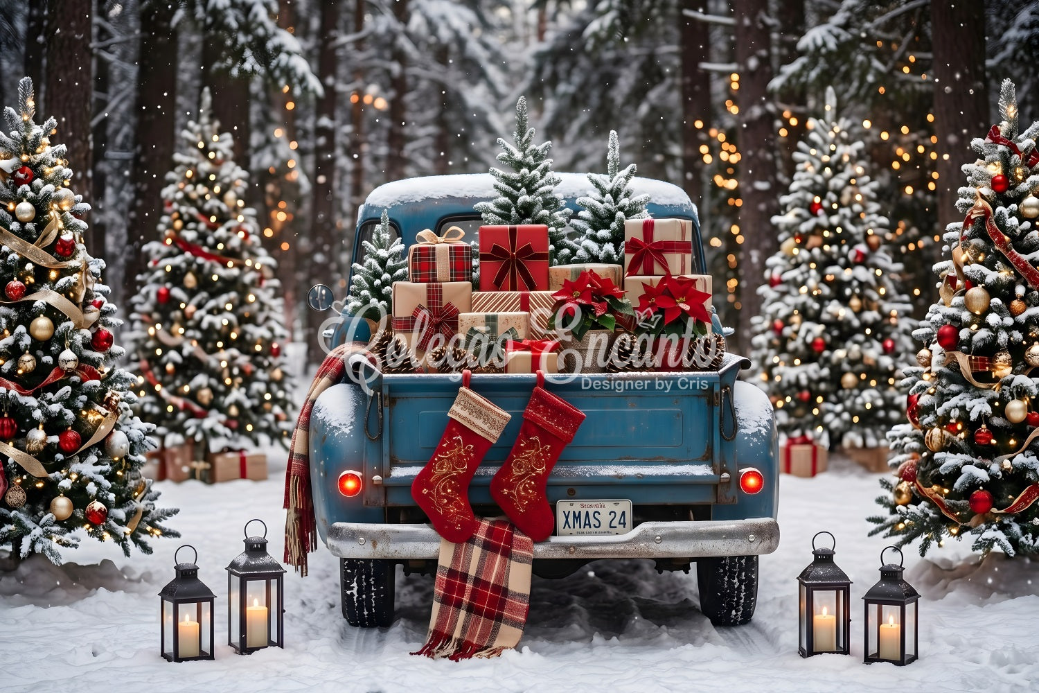 Christmas Photography Backdrops Vintage Blue Truck Forest Gifts Christmas Backdrops CEM65-85