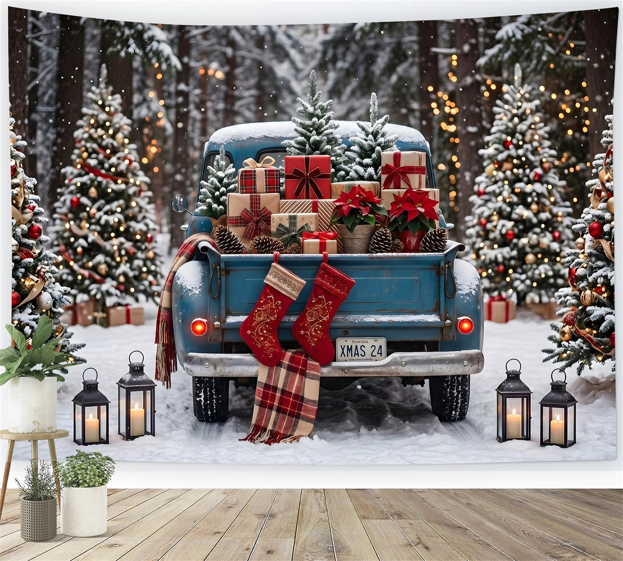 Christmas Photography Backdrops Vintage Blue Truck Forest Gifts Christmas Backdrops CEM65-85